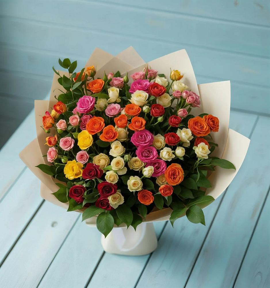 Букет Микс из разноцветных кустовых роз в Игарке