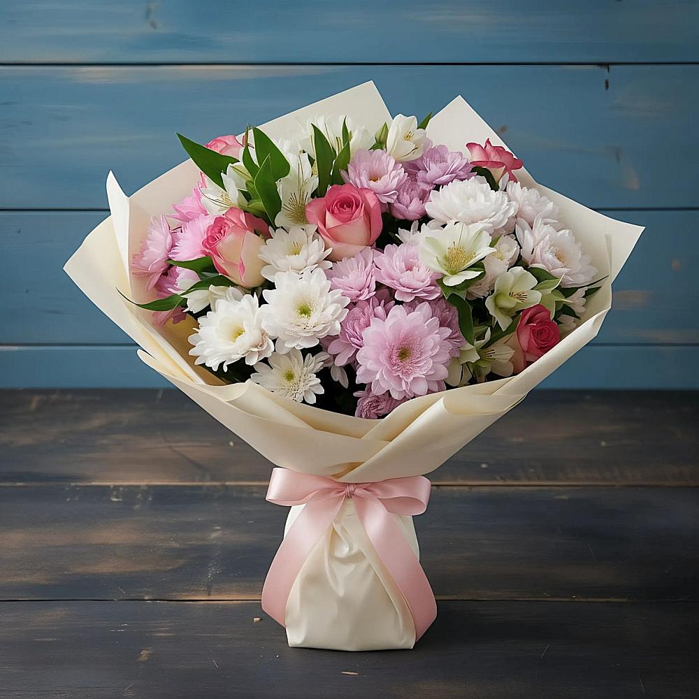 Букет цветов из: Хризантемы, Альстромерии и Розы в Игарке